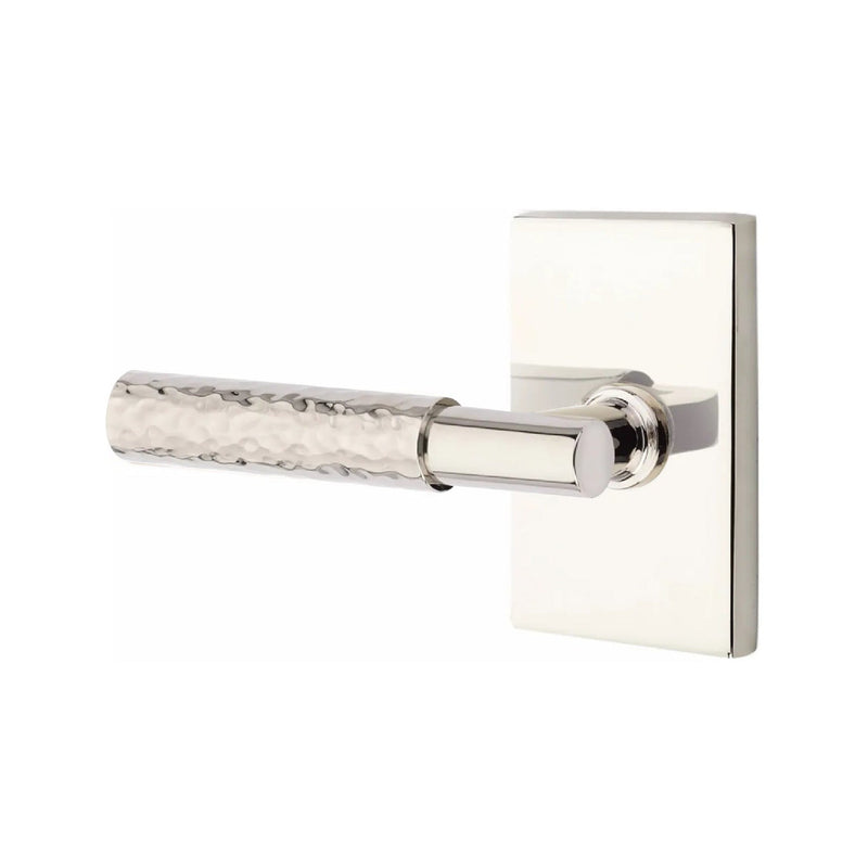 Emtek Select T-Bar Hammered Lever with Modern Rectangular Rosette in Lifetime Polished Nickel finish