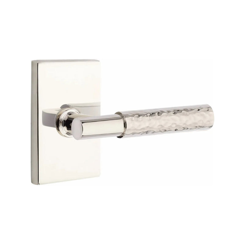 Emtek Select T-Bar Hammered Lever with Modern Rectangular Rosette in Lifetime Polished Nickel finish