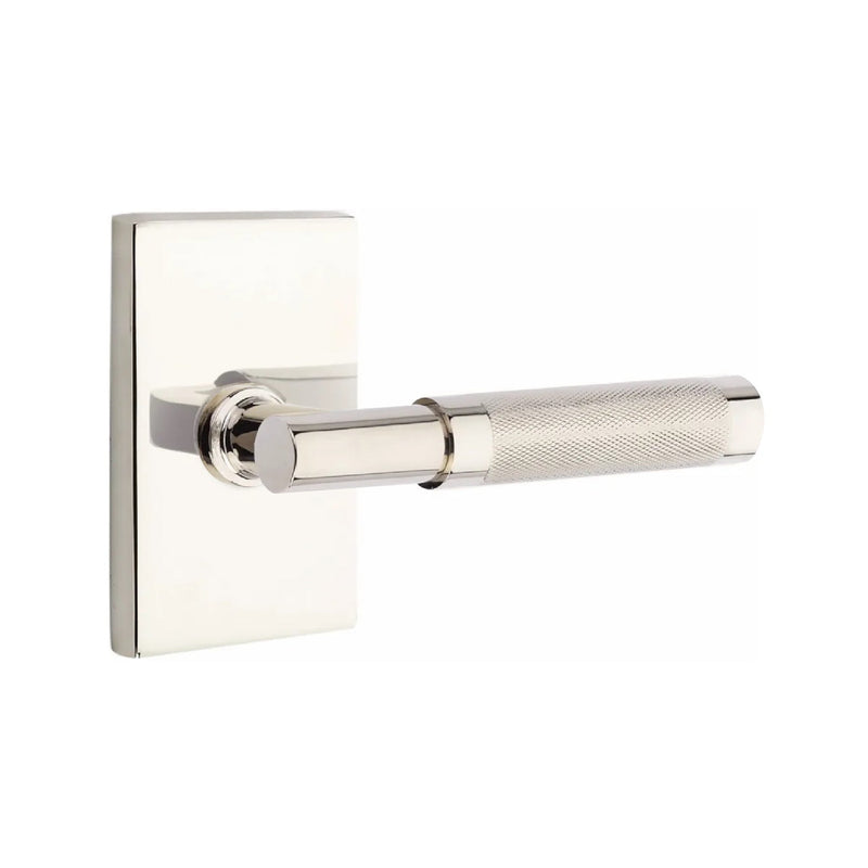 Emtek Select T-Bar Knurled Lever with Modern Rectangular Rosette in Lifetime Polished Nickel finish