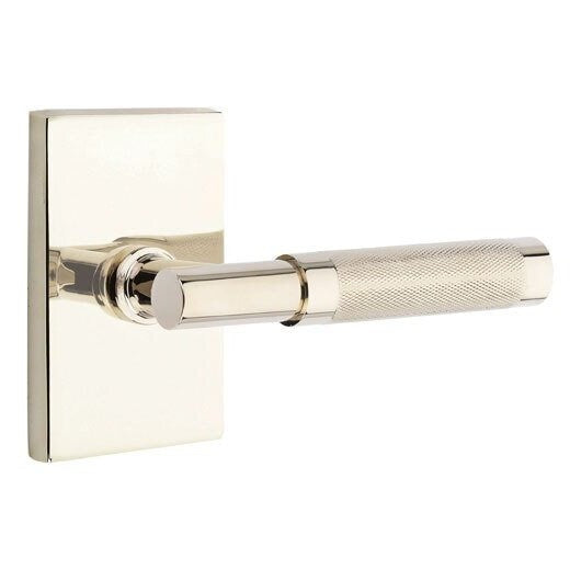 Emtek Select T-Bar Knurled Lever with Modern Rectangular Rosette in Lifetime Polished Nickel finish