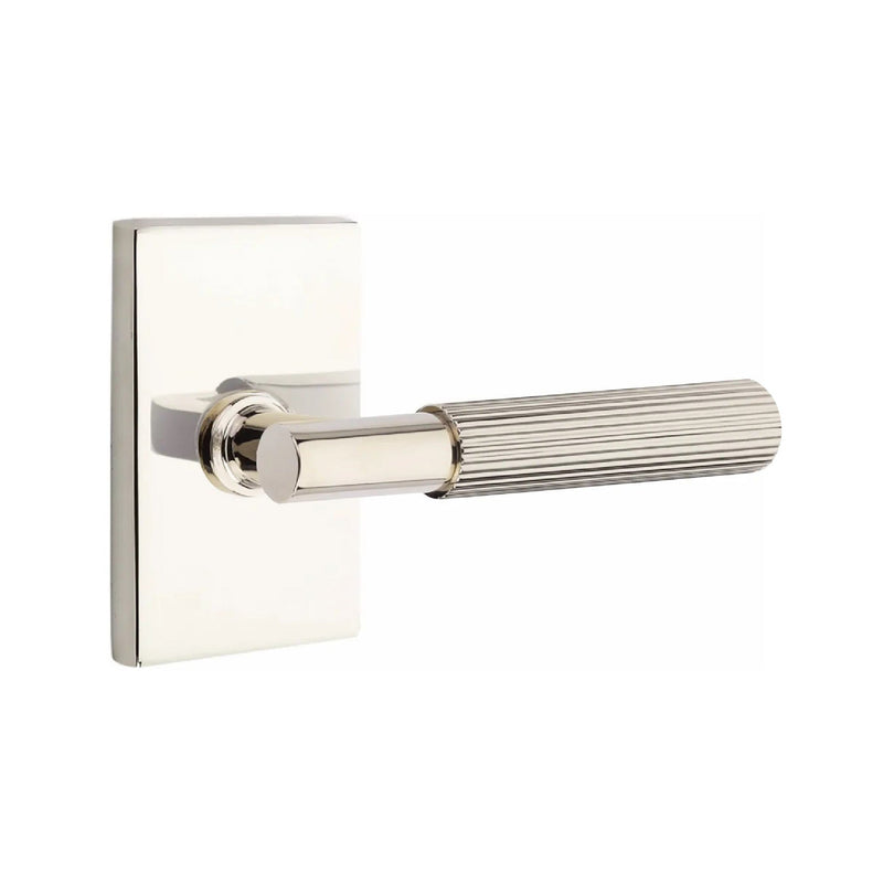 Emtek Select T-Bar Straight Knurled Lever with Modern Rectangular Rosette in Lifetime Polished Nickel finish