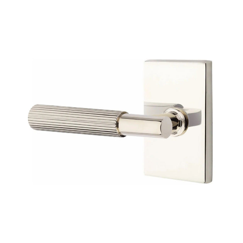 Emtek Select T-Bar Straight Knurled Lever with Modern Rectangular Rosette in Lifetime Polished Nickel finish