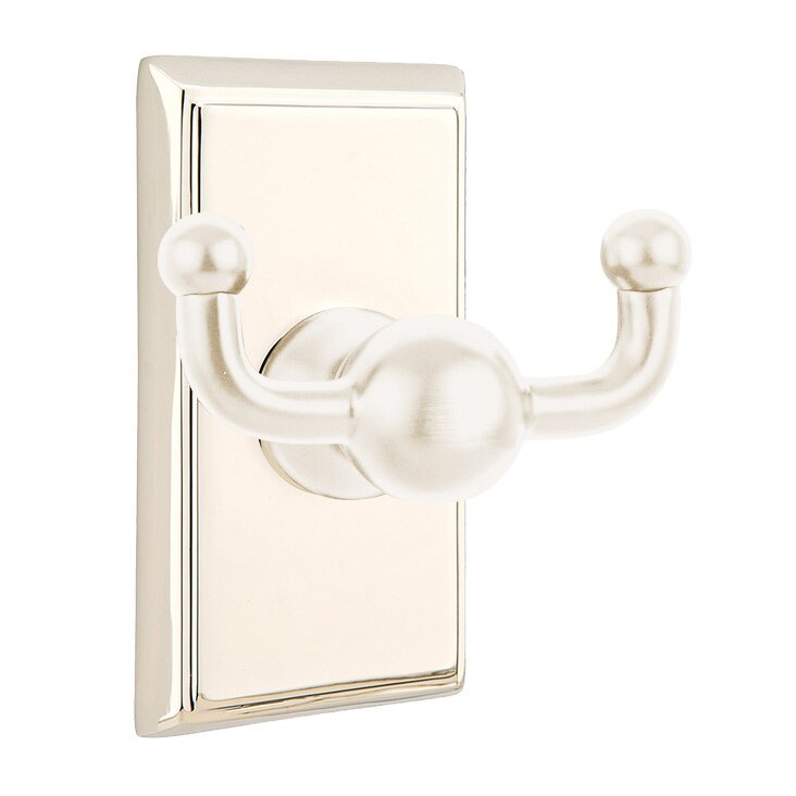 Emtek Traditional Brass Double Robe Hook With Rectangular Rosette in Lifetime Polished Nickel finish