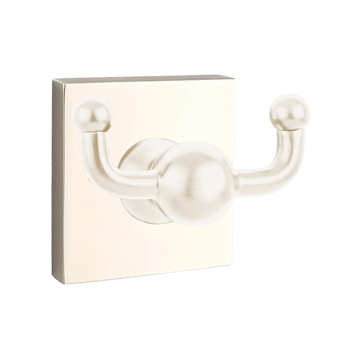 Emtek Traditional Brass Double Robe Hook With Square Rosette in Lifetime Polished Nickel finish