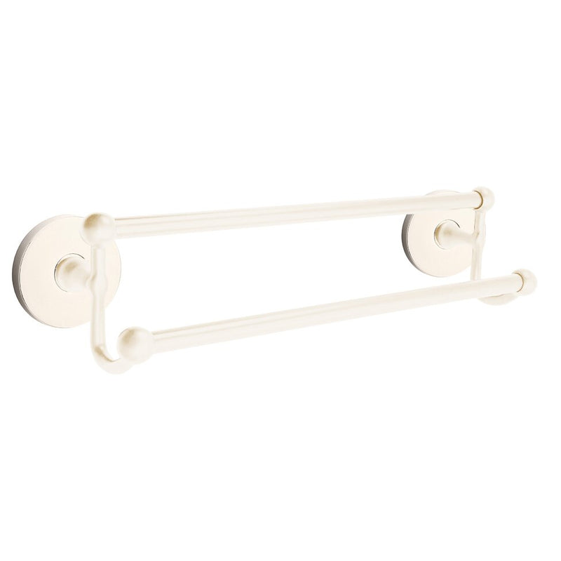 The Emtek Traditional Brass Double Towel Bar with Small Disc Rosette in Lifetime Polished Nickel finish.