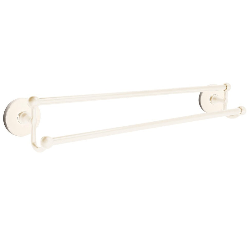 The Emtek Traditional Brass Double Towel Bar with Small Disc Rosette in Lifetime Polished Nickel finish.