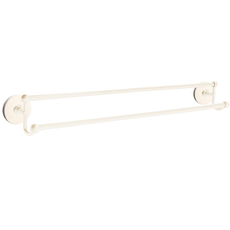 The Emtek Traditional Brass Double Towel Bar with Small Disc Rosette in Lifetime Polished Nickel finish.