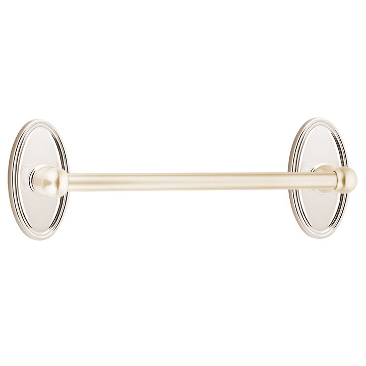 The Emtek Traditional Brass Towel Bar with Oval Rosette in Lifetime Polished Nickel finish.