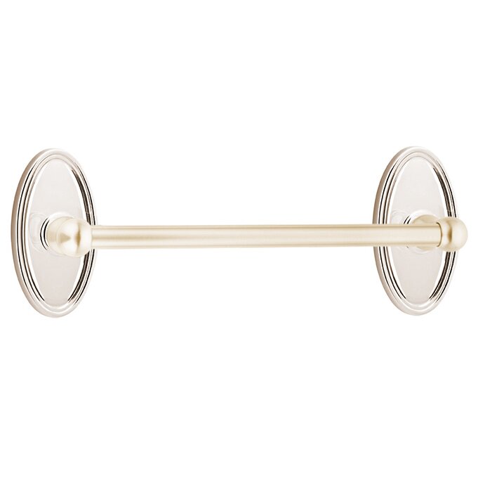 The Emtek Traditional Brass Towel Bar with Oval Rosette in Lifetime Polished Nickel finish.