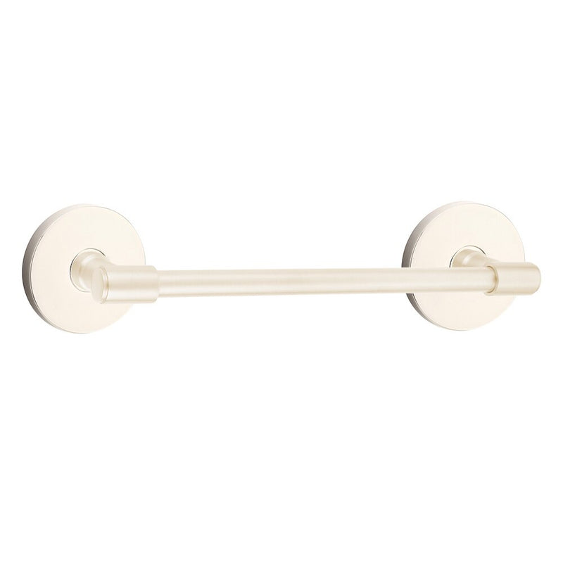 The Emtek Transitional Brass Towel Bar with Disk Rosette in Lifetime Polished Nickel finish.