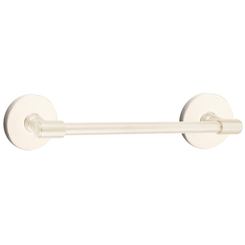 The Emtek Transitional Brass Towel Bar with Disk Rosette in Lifetime Polished Nickel finish.