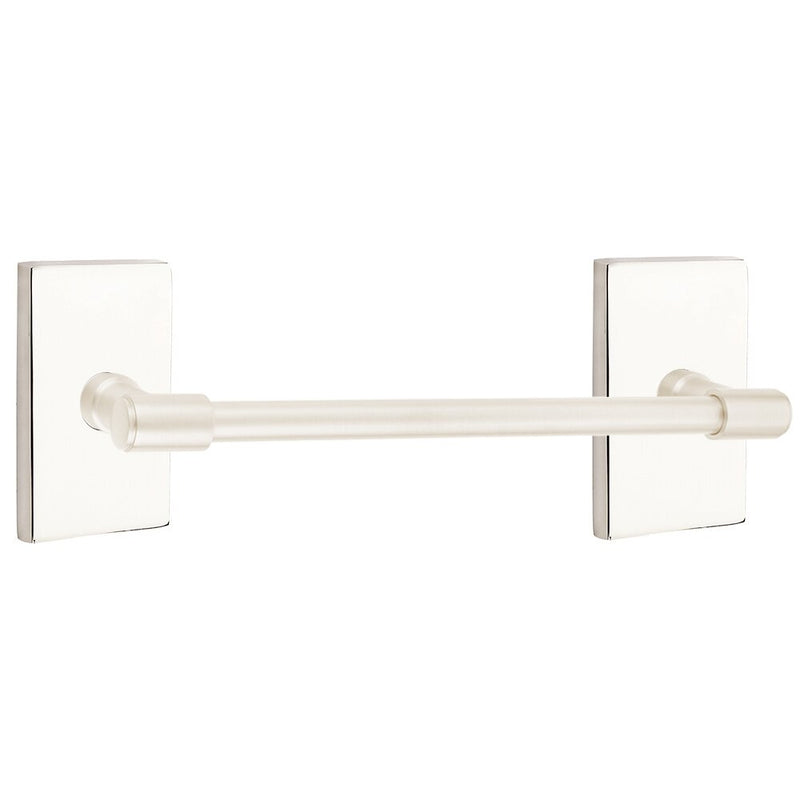 The Emtek Transitional Brass Towel Bar with Modern Rectangular Rosette in Lifetime Polished Nickel finish.