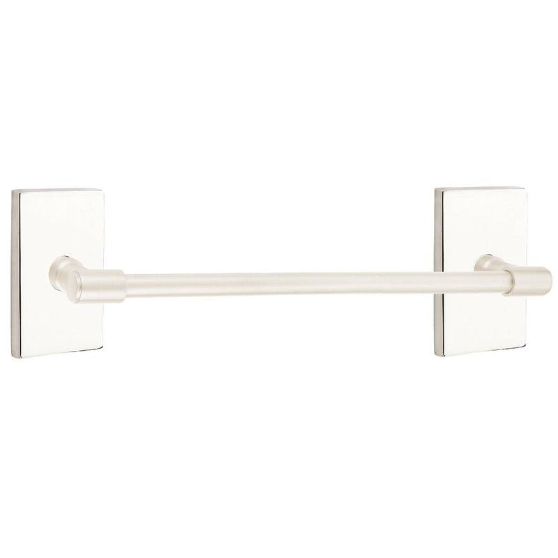 The Emtek Transitional Brass Towel Bar with Modern Rectangular Rosette in Lifetime Polished Nickel finish.