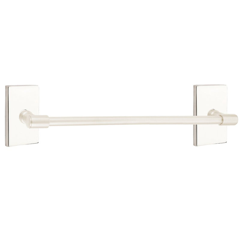 The Emtek Transitional Brass Towel Bar with Modern Rectangular Rosette in Lifetime Polished Nickel finish.