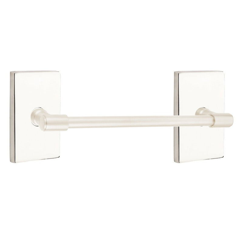 The Emtek Transitional Brass Towel Bar with Modern Rectangular Rosette in Lifetime Polished Nickel finish.