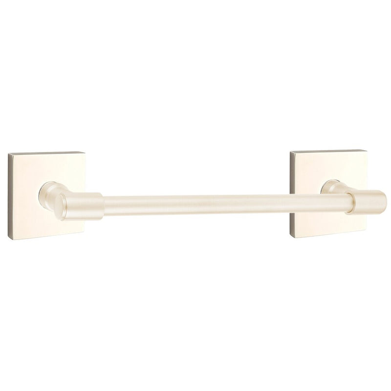 The Emtek Transitional Brass Towel Bar with Square Rosette in Lifetime Polished Nickel finish.