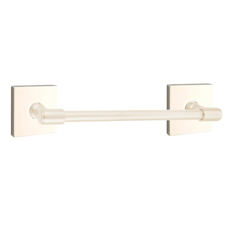 The Emtek Transitional Brass Towel Bar with Square Rosette in Lifetime Polished Nickel finish.