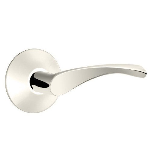 The Emtek Triton Lever With Modern Rosette in Lifetime Polished Nickel finish.