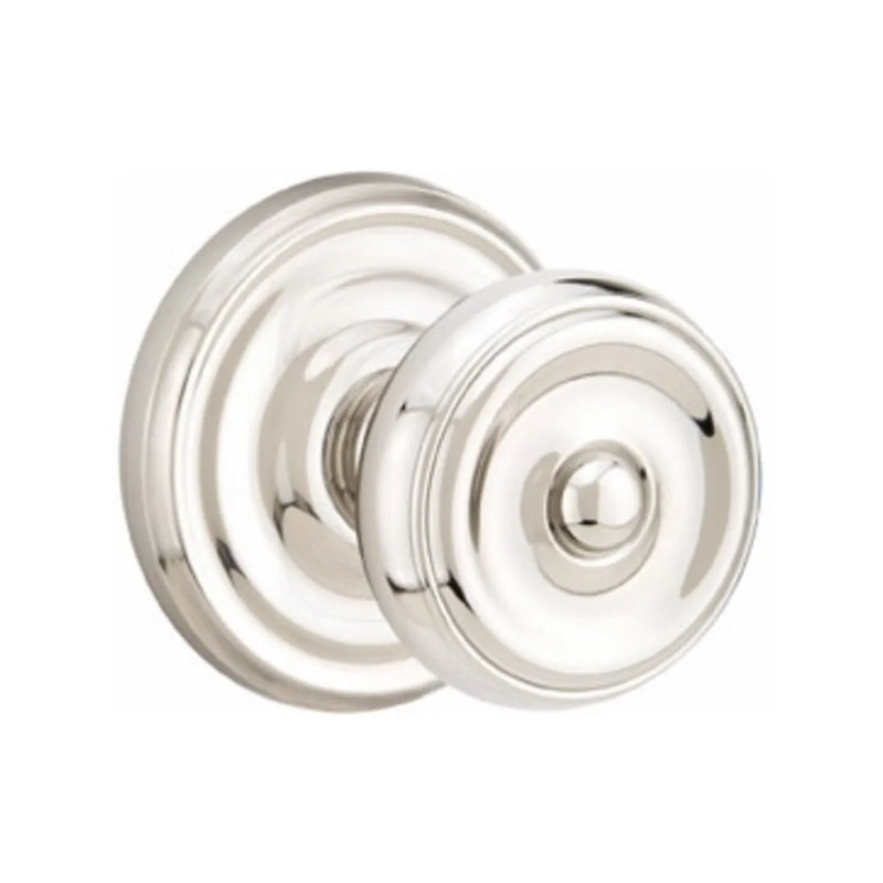 The Emtek Waverly Knob with Regular Rosette in Lifetime Polished Nickel finish.