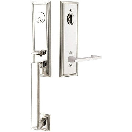 Emtek Wilshire Tubular Entrance Handleset With Argos Lever in Lifetime Polished Nickel finish