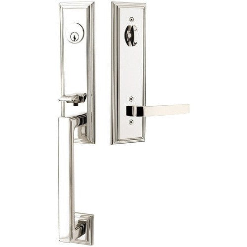 Emtek Wilshire Tubular Entrance Handleset With Breslin Lever in Lifetime Polished Nickel finish