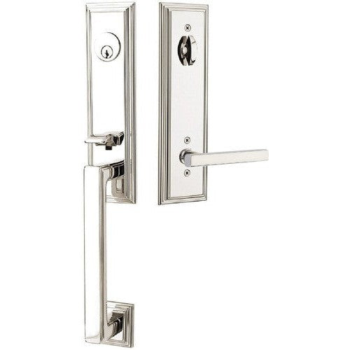 Emtek Wilshire Tubular Entrance Handleset With Freestone Lever in Lifetime Polished Nickel finish