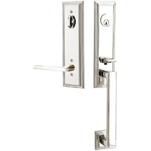 Emtek Wilshire Tubular Entrance Handleset With Helios Lever in Lifetime Polished Nickel finish