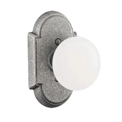 Emtek Madison Ivory Knob with #1 Rosette in Satin Steel finish