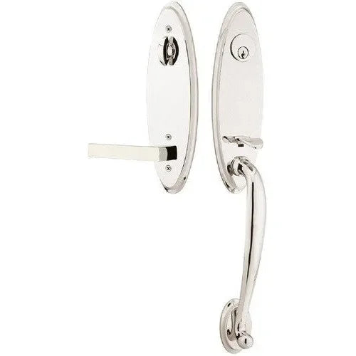 Emtek Marietta Tubular Entrance Handleset With Dumont Lever Lifetime Polished Nickel