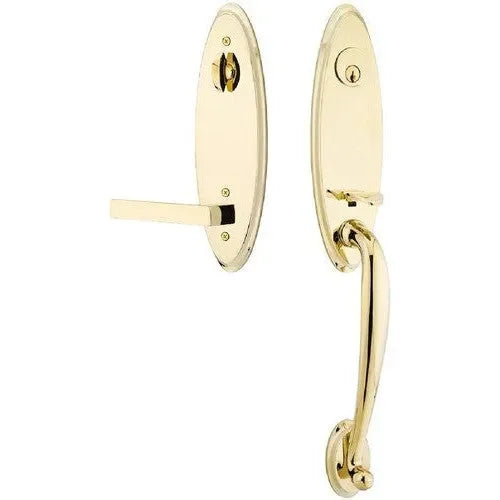 Emtek Marietta Tubular Entrance Handleset With Dumont Lever Unlacquered Brass