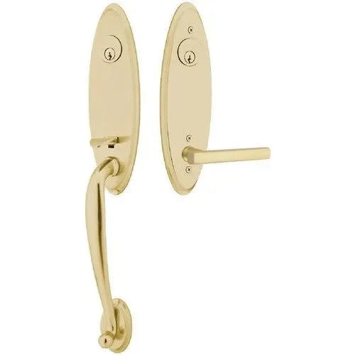 Emtek Marietta Tubular Entrance Handleset With Freestone Lever in Satin Brass finish