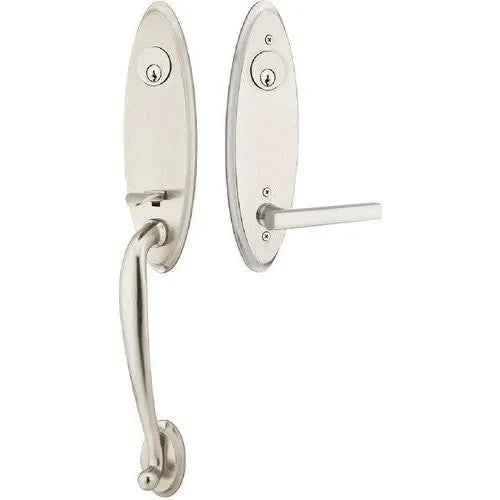 Emtek Marietta Tubular Entrance Handleset With Freestone Lever in Satin Nickel finish