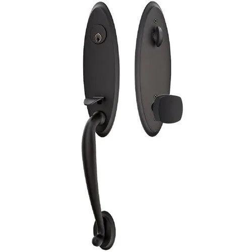 Emtek Marietta Tubular Entrance Handleset With Freestone Square Knob in Flat Black finish