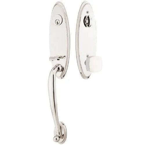 Emtek Marietta Tubular Entrance Handleset With Freestone Square Knob in Lifetime Polished Nickel finish