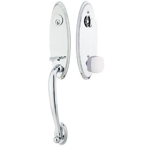 Emtek Marietta Tubular Entrance Handleset With Freestone Square Knob in Polished Chrome finish