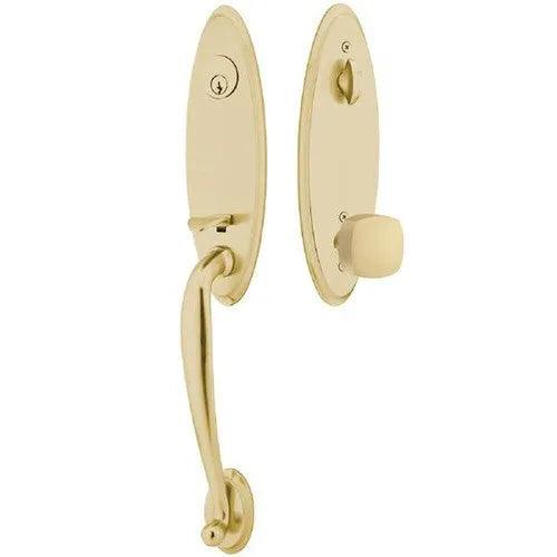 Emtek Marietta Tubular Entrance Handleset With Freestone Square Knob in Satin Brass finish