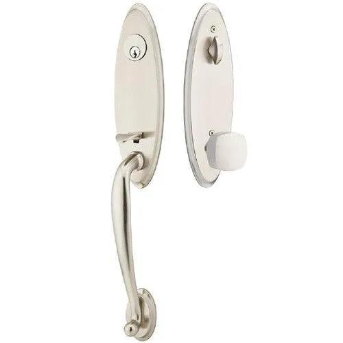 Emtek Marietta Tubular Entrance Handleset With Freestone Square Knob in Satin Nickel finish