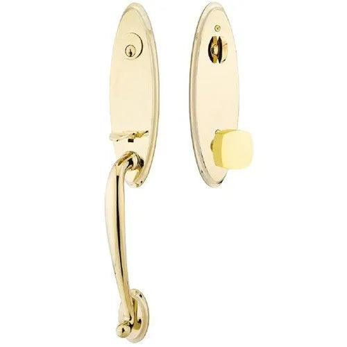 Emtek Marietta Tubular Entrance Handleset With Freestone Square Knob in Unlacquered Brass finish