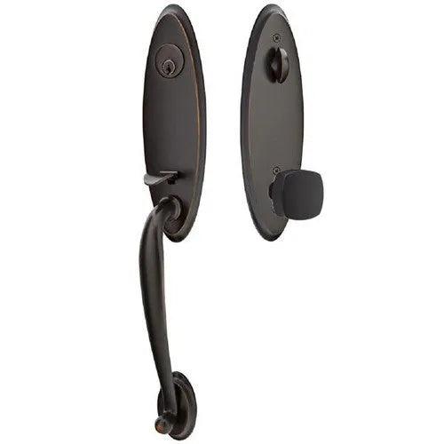 EmtekEmtek Marietta Tubular Entrance Handleset With Freestone Square Knob in 
