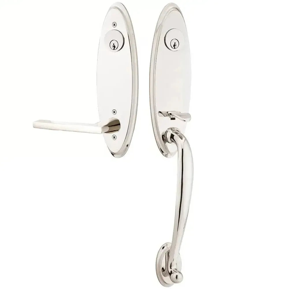 Emtek Marietta Tubular Entrance Handleset With Helios Lever in Lifetime Polished Nickel finish