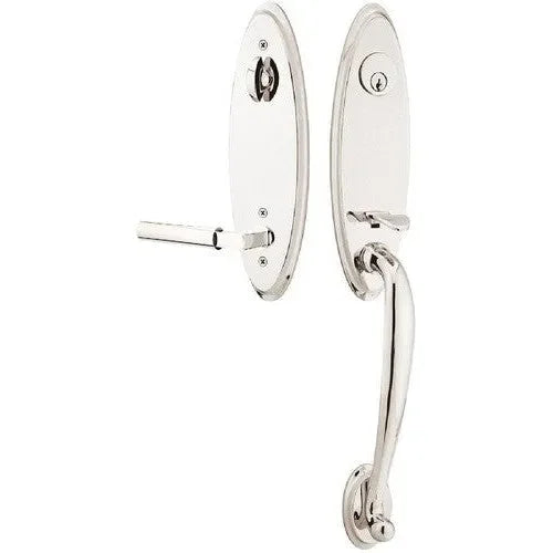 Emtek Marietta Tubular Entrance Handleset With Hercules Lever in Lifetime Polished Nickel finish