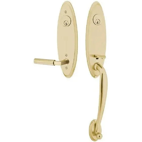 Emtek Marietta Tubular Entrance Handleset With Hercules Lever in Satin Brass finish