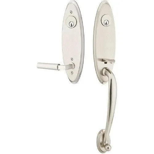 Emtek Marietta Tubular Entrance Handleset With Hercules Lever in Satin Nickel finish