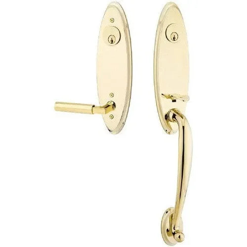 Emtek Marietta Tubular Entrance Handleset With Hercules Lever in Unlacquered Brass finish