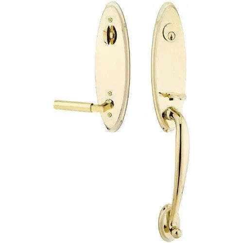 Emtek Marietta Tubular Entrance Handleset With Hercules Lever in Unlacquered Brass finish
