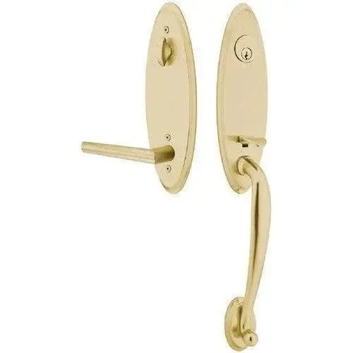 Emtek Marietta Tubular Entrance Handleset with Stuttgart Lever in Satin Brass finish