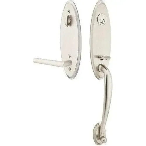 Emtek Marietta Tubular Entrance Handleset with Stuttgart Lever in Satin Nickel finish