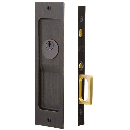 Emtek Keyed Rustic Modern Rectangular Pocket Door Mortise Lock in Medium Bronze Patina finish