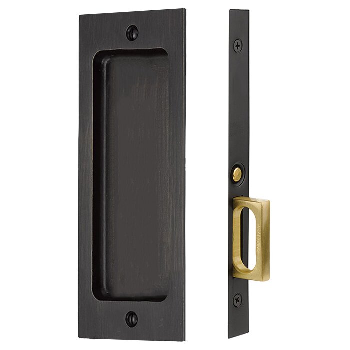 The Emtek Passage Rustic Modern Rectangular Pocket Door Mortise Lock in Medium Bronze Patina finish