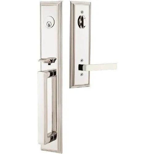 Emtek Melrose Tubular Entrance Handleset With Dumont Lever Lifetime Polished Nickel